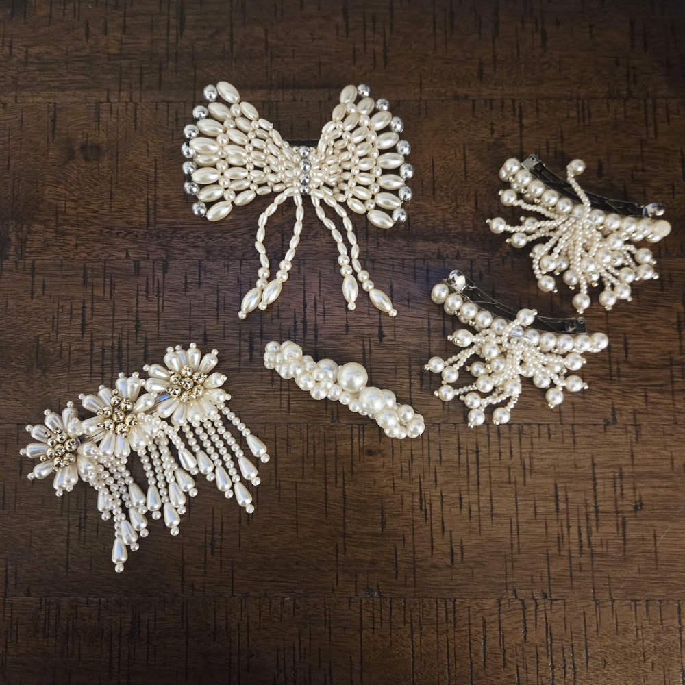Vintage 80s 90s Faux Pearl Gold Tone Beaded Hair Bow Dangle Barrette Clip Lot